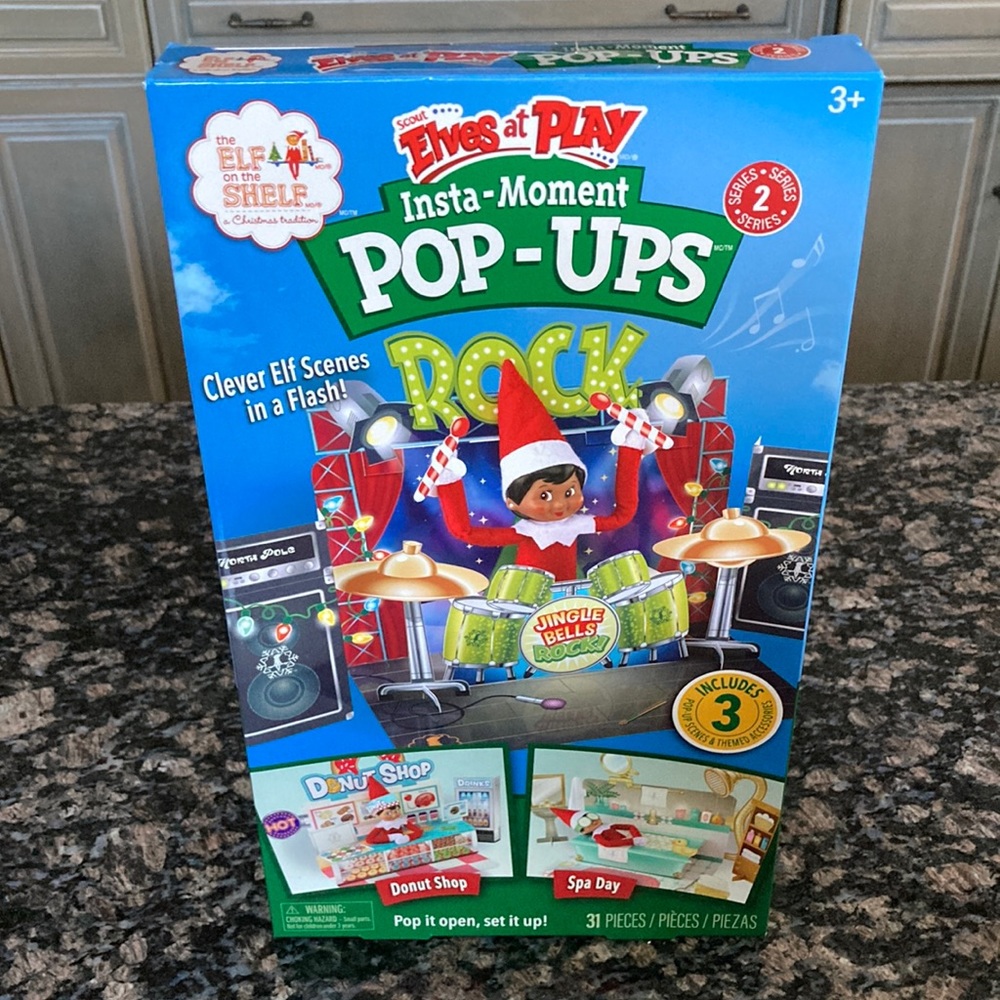 THE ELF ON THE SHELF ELVES AT PLAY INSTA- MOMENT POP-UPS DRUM SET-DONUT SHOP-SPA